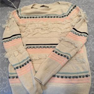 LOFT Cream and Pink Fringe Crew Neck Sweater